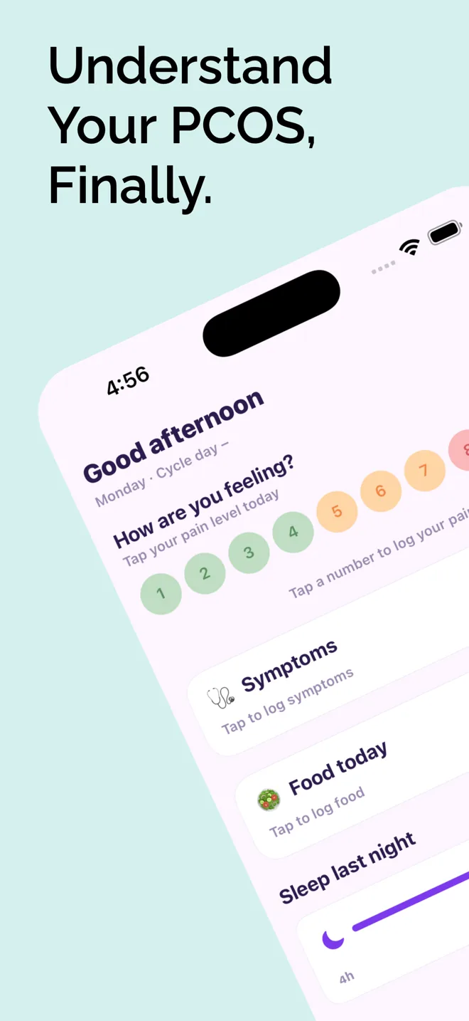 Luna tracking PCOS symptoms, food, sleep and cycle
