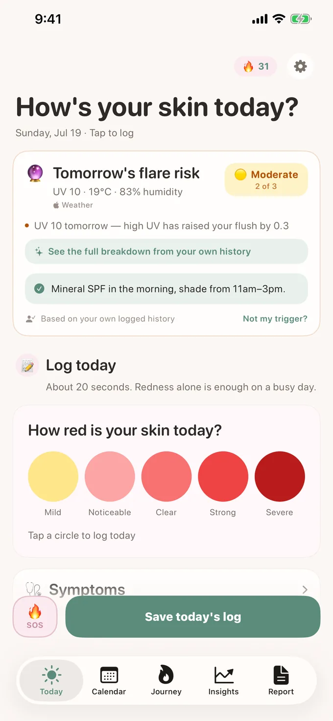 Flarewell asking how your skin is today with the flare risk for tomorrow