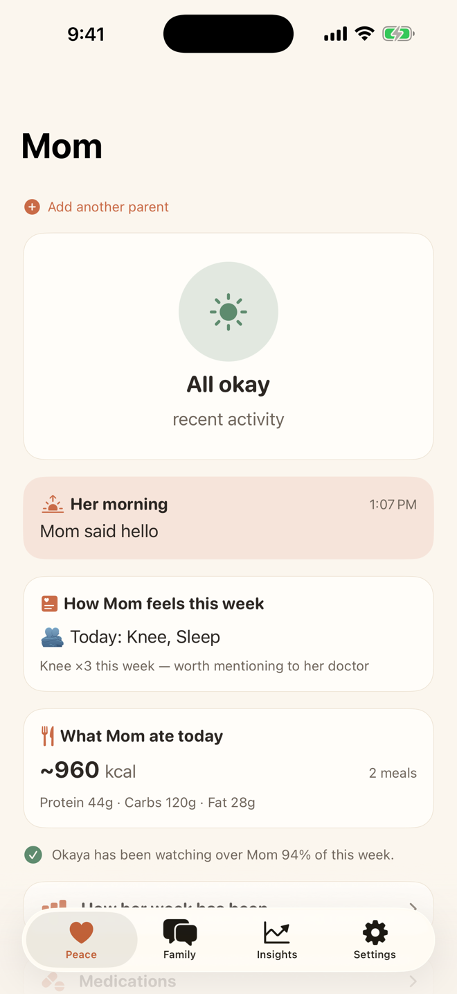 Okaya caregiver home screen showing All okay Peace Score for Mom