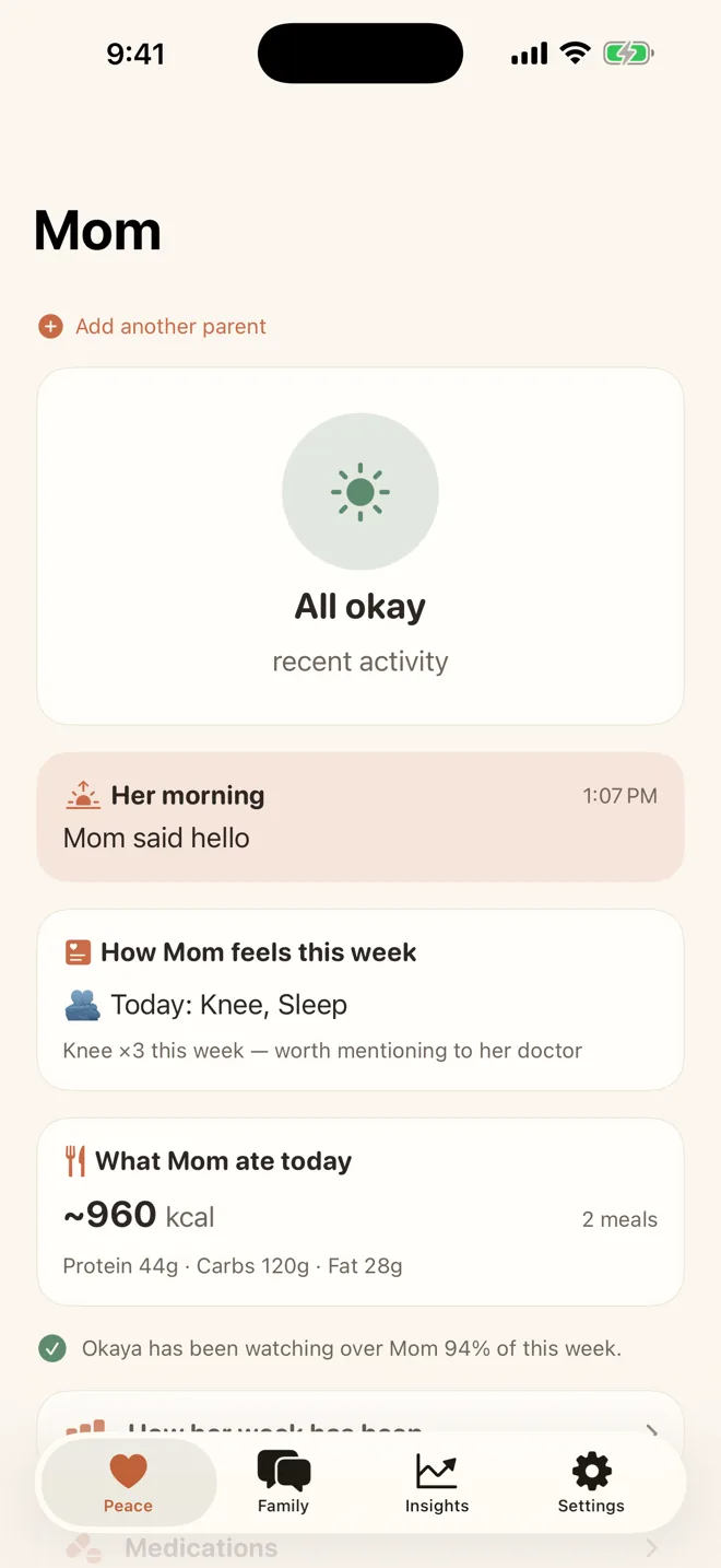 Okaya caregiver home screen showing All okay Peace Score for Mom