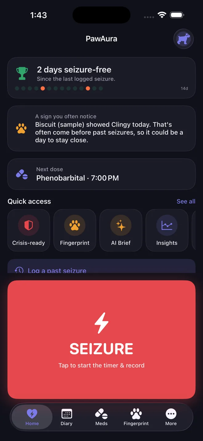PawAura home screen showing days seizure free and quick access to a capture