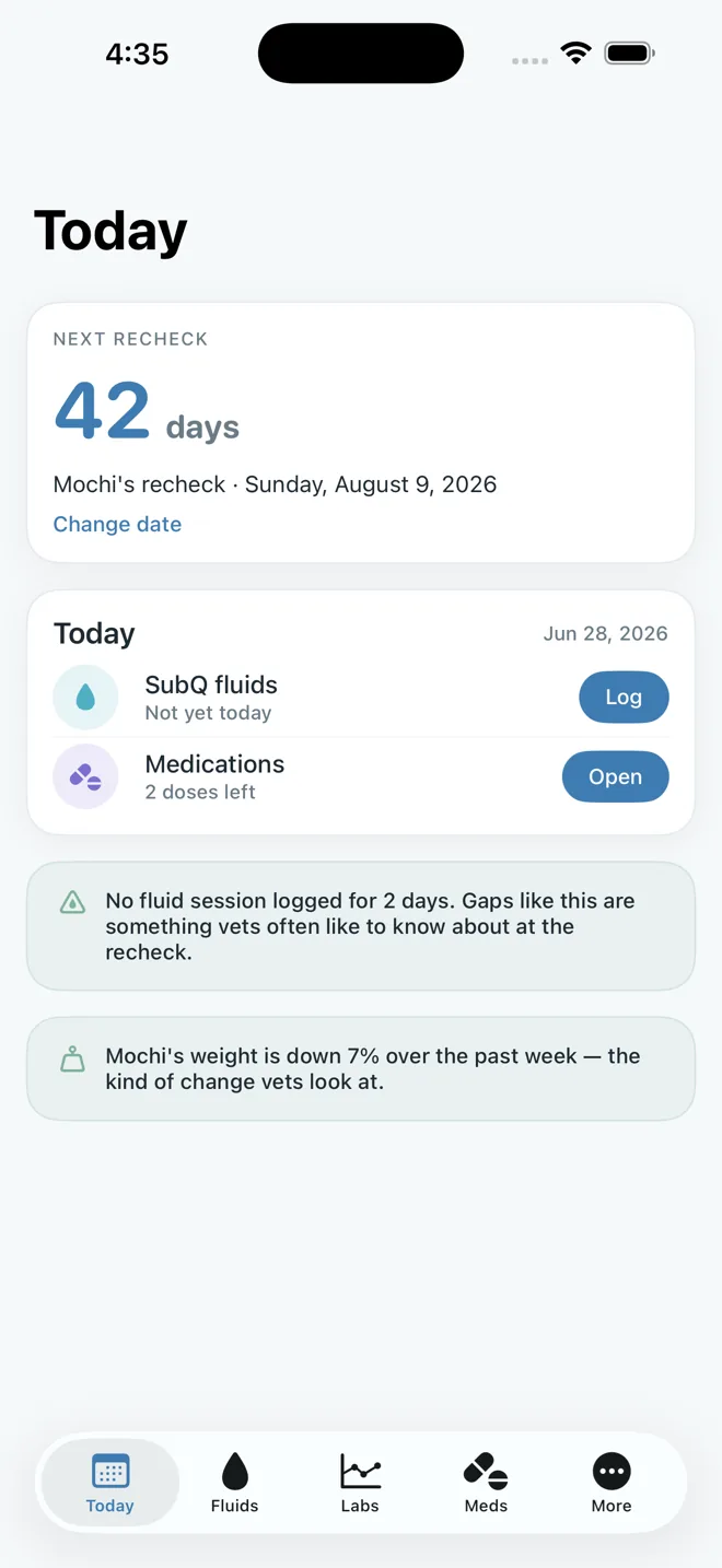 RenalPaw logging subQ fluids and medications for a cat with kidney disease