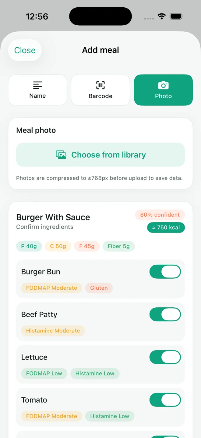 Velora breaking a photographed meal into its ingredients with trigger tags